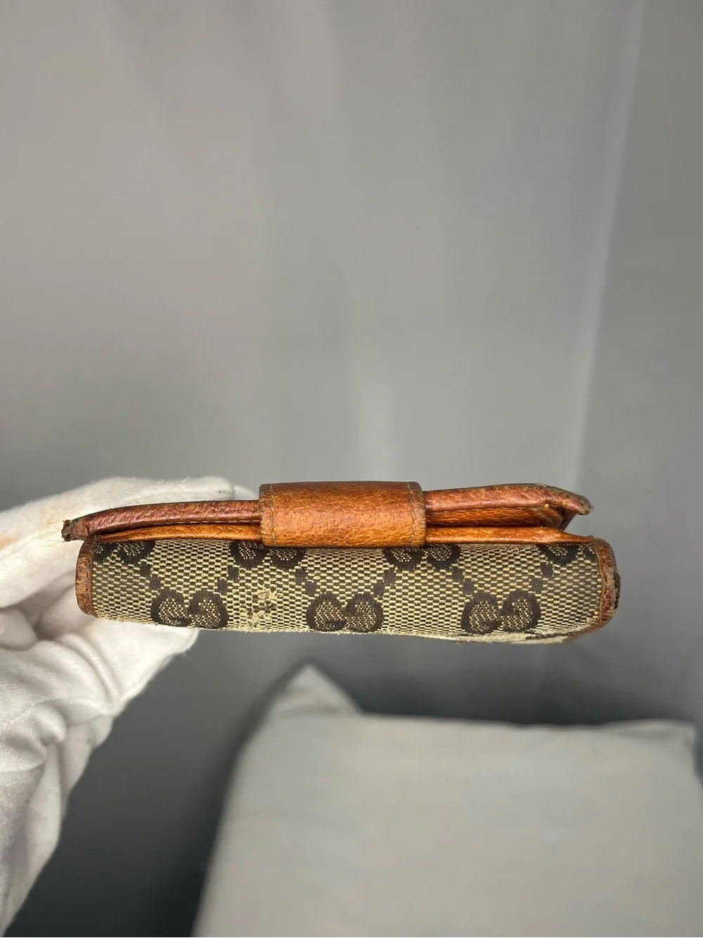 Gucci GG Canvas Bifold Wallet - Brown with Tan Trim & Gold Plate